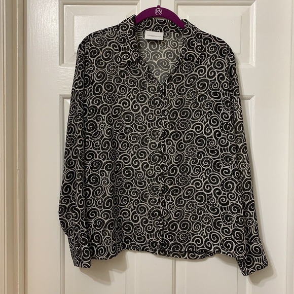 Liz Claiborne Black Sheer Blouse w White Swirl pattern - PL Large - Picture 2 of 12